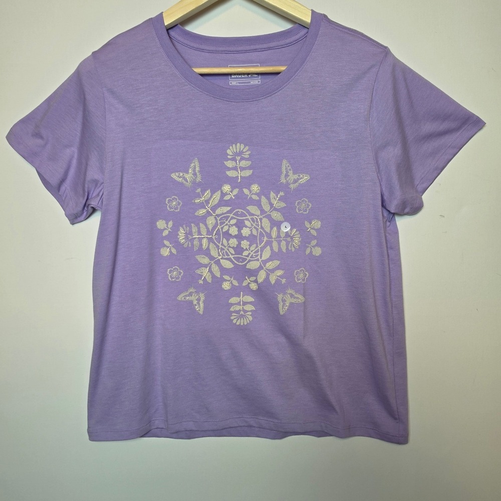 Eddie Bauer Butterfly Floral Beaded Graphic T-Shirt Lavender Purple Size Large